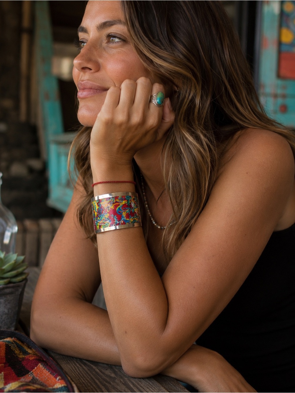 Fernando Rodriguez Colorful Statement Cuff Bracelet Boho Southwestern Folk Art